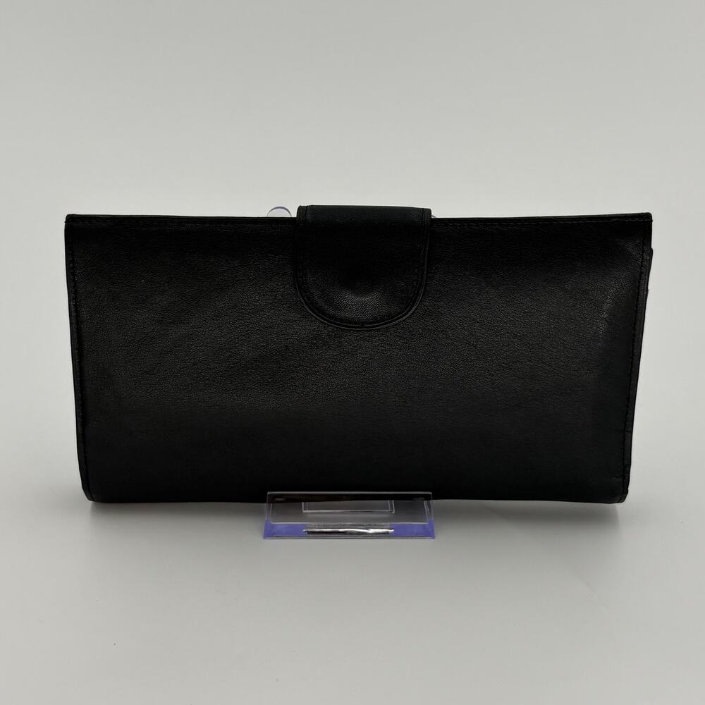 VTG Nordstrom West Germany Dark Navy Leather Checkbook Clutch Wallet Gold Frame